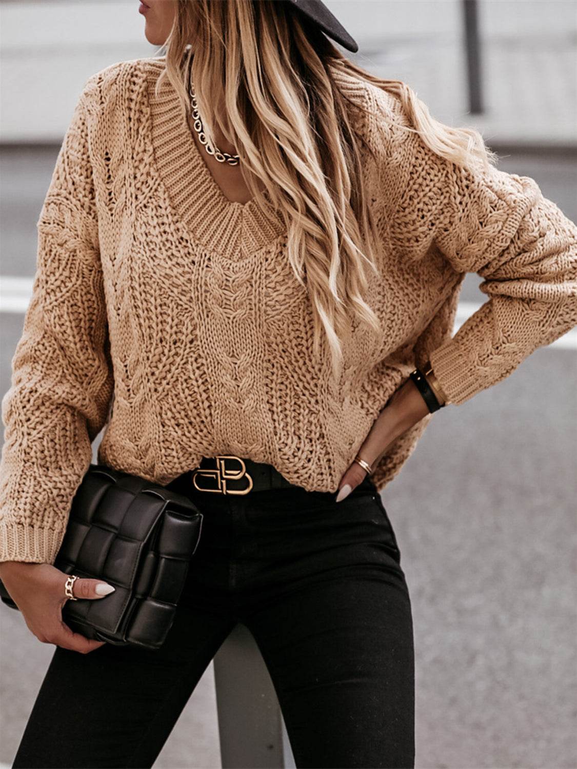 V-Neck Cable-Knit Long Sleeve Sweater Khaki for a perfect OOTD – dress to impress outfits from Amexza