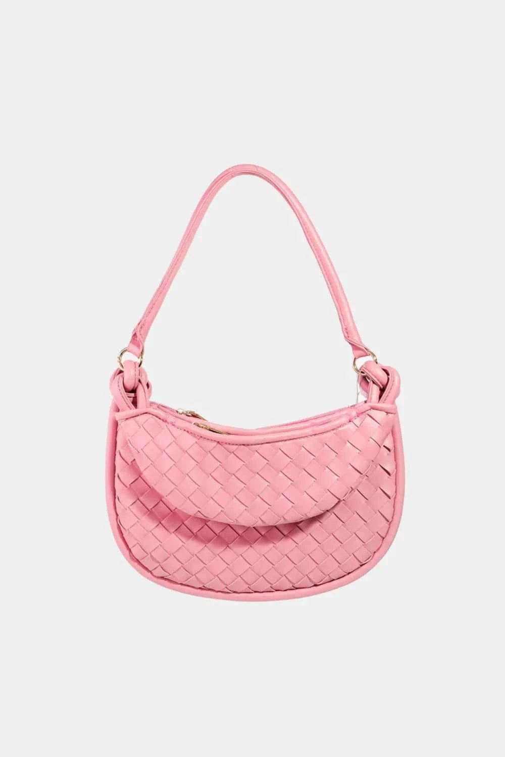 Fame PU Leather Basket Weave Half Moon Bag Pink One Size for a perfect OOTD – dress to impress outfits from Amexza