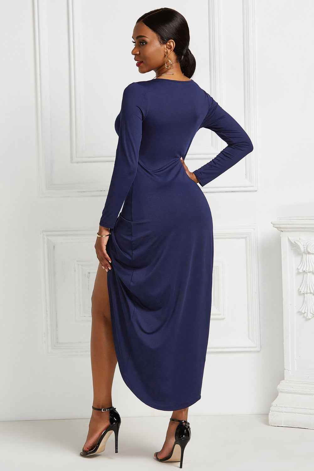 High-low Ruched Surplice Long Sleeve Dress for a perfect OOTD – dress to impress outfits from Amexza