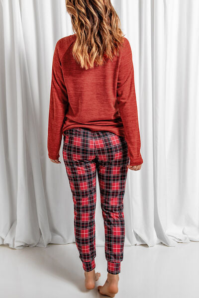 Round Neck Top and Drawstring Plaid Pants Lounge Set for a perfect OOTD – dress to impress outfits from Amexza