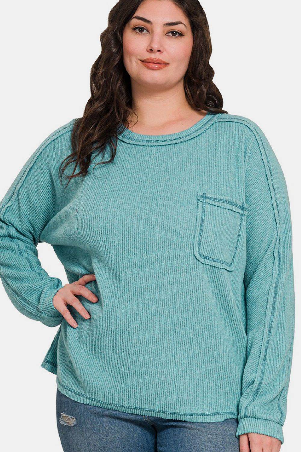 Zenana Full Size Contrast Stitching Brushed Ribbed Hacci Knit Top Plu Size for a perfect OOTD – dress to impress outfits from Amexza