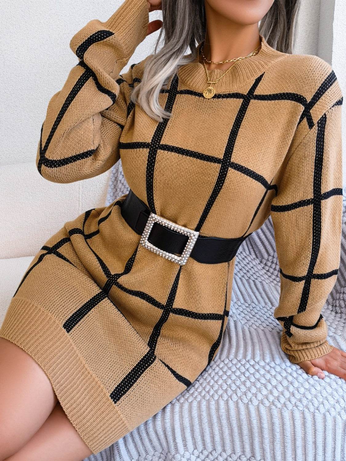 Plaid Round Neck Dropped Shoulder Sweater Dress for a perfect OOTD – dress to impress outfits from Amexza