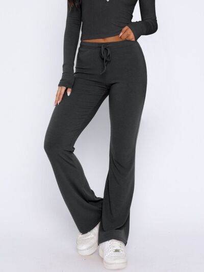 V-Neck Long Sleeve Top and Pants Set - Amexza