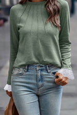 Lace Detail Round Neck Long Sleeve T-Shirt - Amexza