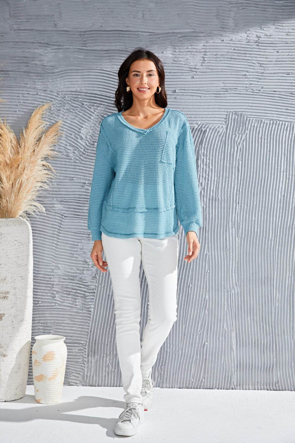 Waffle-Knit V-Neck Blouse with Breast Pocket for a perfect OOTD – dress to impress outfits from Amexza