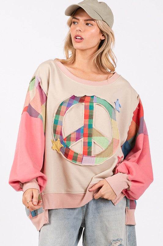 SAGE + FIG Full Size Contrast Peace Patch Dropped Shoulder Sweatshirt for a perfect OOTD – dress to impress outfits from Amexza