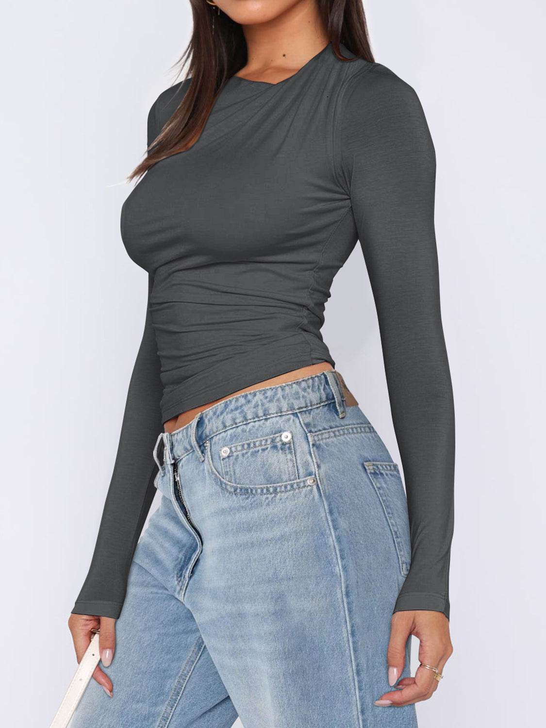 Ruched Asymmetrical Neck Long Sleeve T-Shirt Dark Gray for a perfect OOTD – dress to impress outfits from Amexza