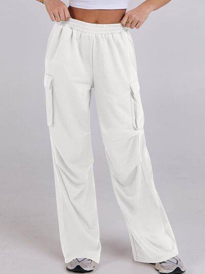 Elastic Waist Wide Leg Pants with Pockets White for a perfect OOTD – dress to impress outfits from Amexza