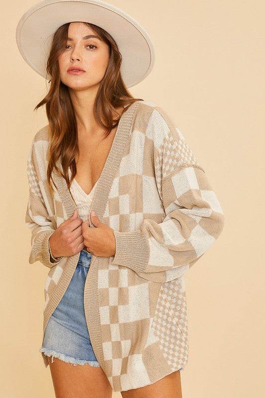 Annie Wear Checkered Open Front Drop Shoulder Cardigan Tan for a perfect OOTD – dress to impress outfits from Amexza