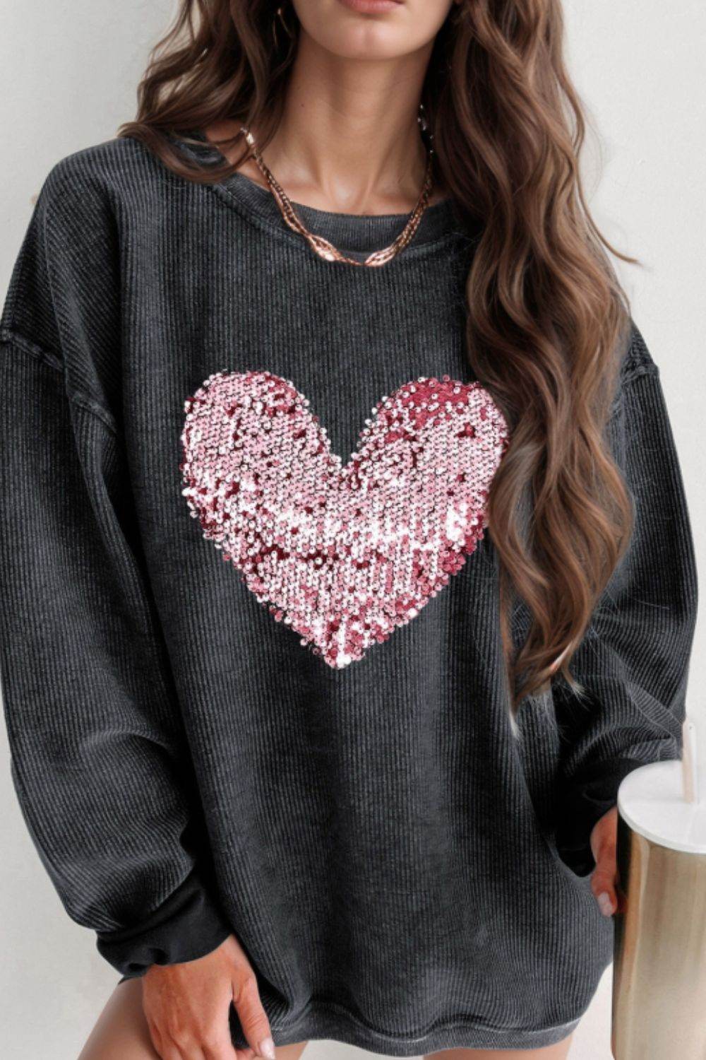 Valentine’s Day Sequin Heart Round Neck Long Sleeve Sweatshirt Black for a perfect OOTD – dress to impress outfits from Amexza