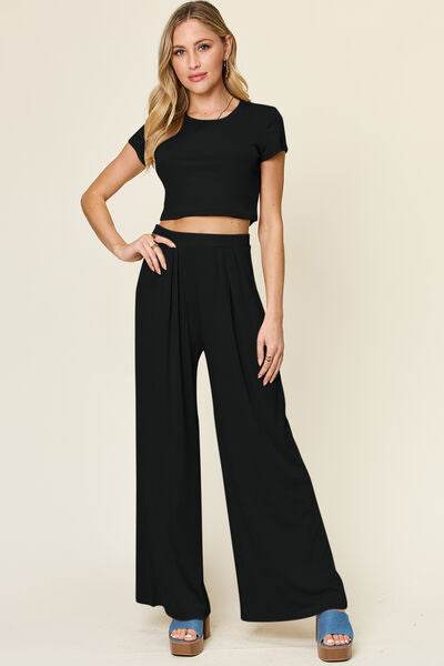 Double Take Full Size Round Neck Top and Pants Set Black for a perfect OOTD – dress to impress outfits from Amexza