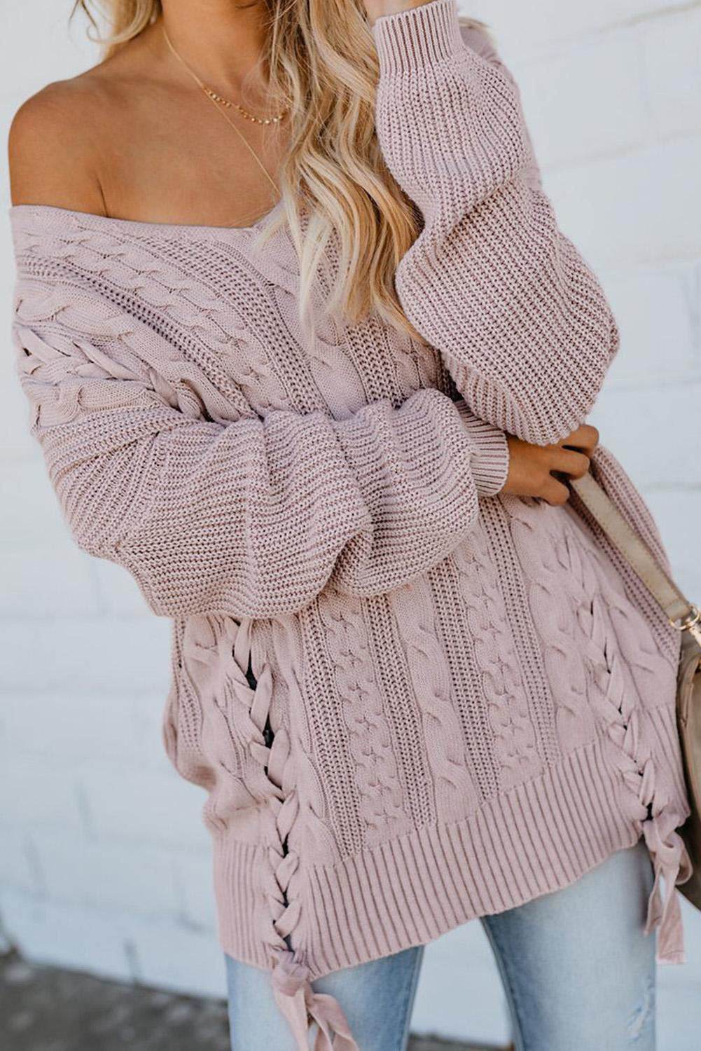 Cable Knit Lace Up V-Neck Sweater for a perfect OOTD – dress to impress outfits from Amexza