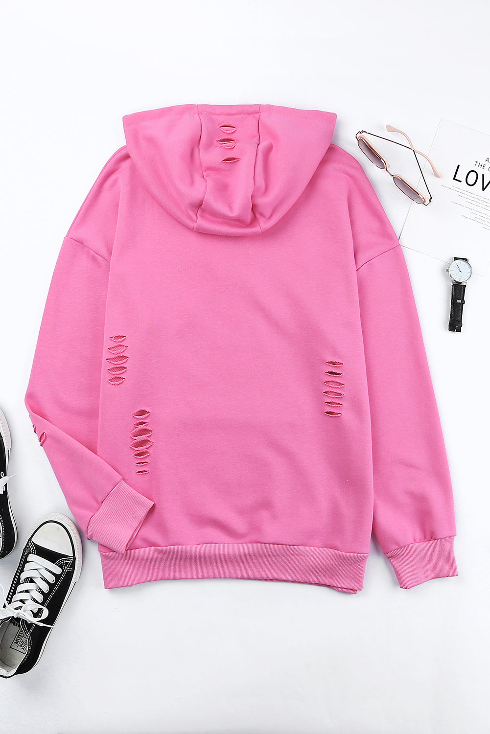 Distressed Drawstring Long Sleeve Hoodie for a perfect OOTD – dress to impress outfits from Amexza