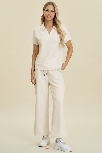 Double Take Full Size Collared Neck Short Sleeve Top and Pants Set Cream for a perfect OOTD – dress to impress outfits from Amexza