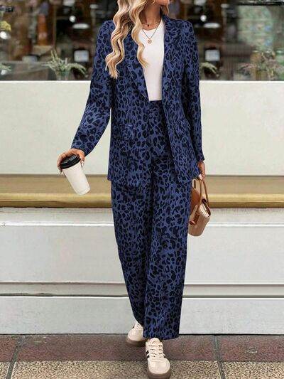 Full Size Leopard Lapel Collar Long Sleeve Blazer and Pants Set - Amexza