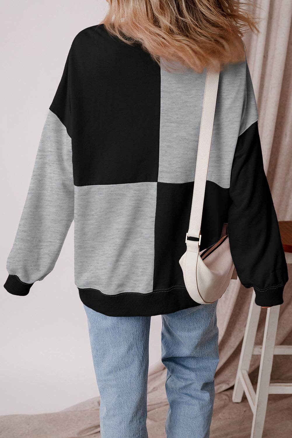 Color Block Half Button Long Sleeve Sweatshirt - Amexza