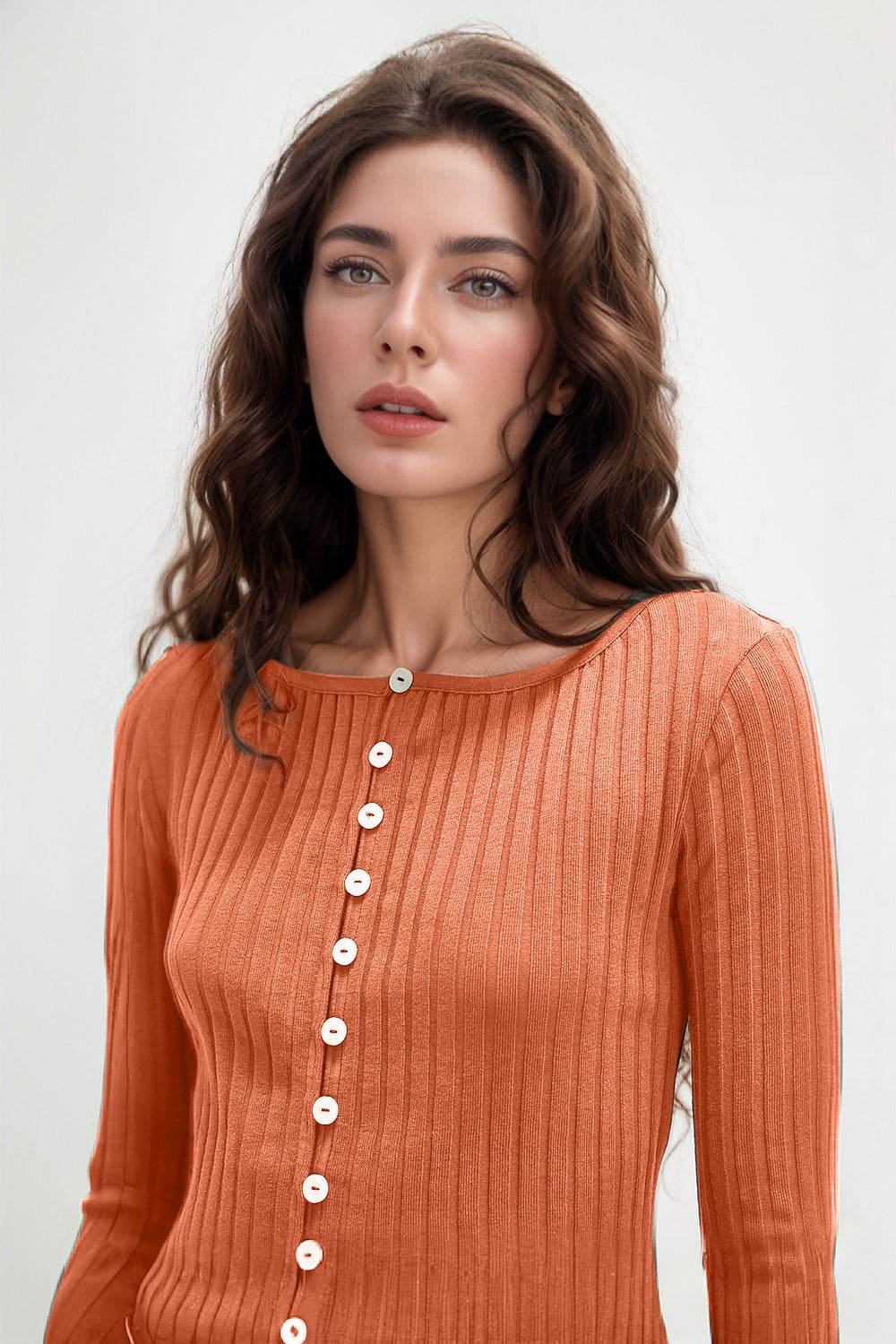 Basic Bae Texture Button Up Round Neck Long Sleeve Top - Amexza