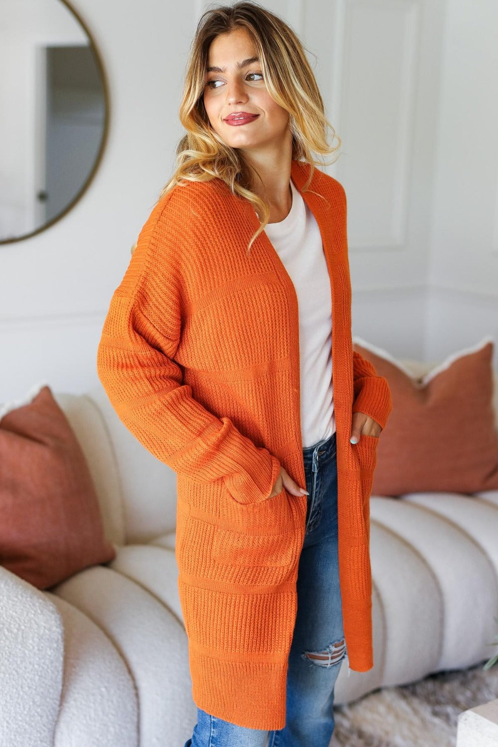 Haptics Full Size Stripe Textured Open Front Cardigan with Pockets for a perfect OOTD – dress to impress outfits from Amexza