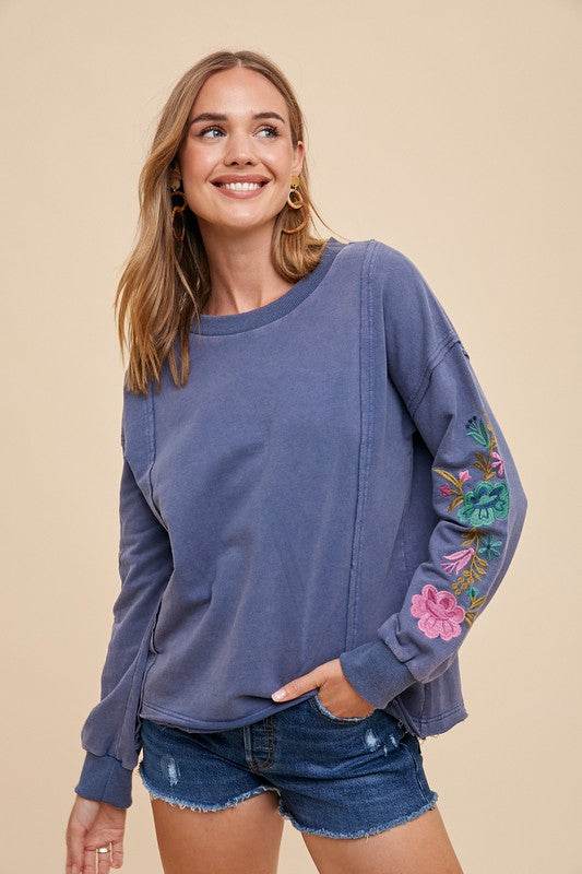 Annie Wear Embroidered Long Sleeve French Terry Top for a perfect OOTD – dress to impress outfits from Amexza