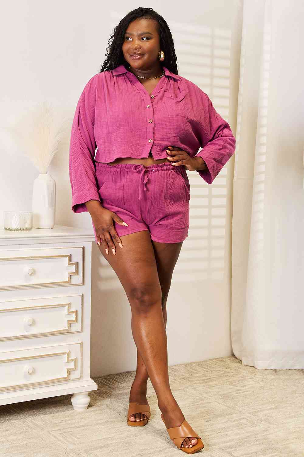 Basic Bae Buttoned Long Sleeve Top and Shorts Set for a perfect OOTD – dress to impress outfits from Amexza