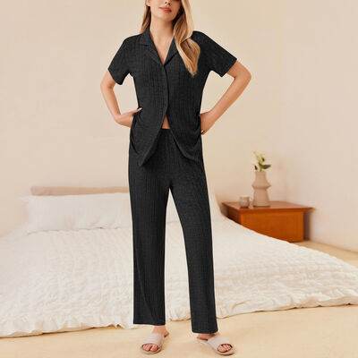 Button Down Long Sleeve Top and Pants Lounge Set - Amexza