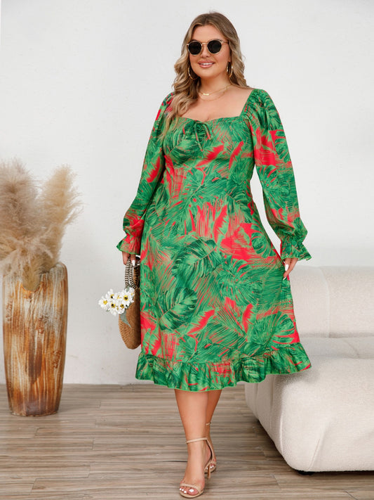 Plus Size Ruffled Square Neck Flounce Sleeve Dress - Green / 0XL