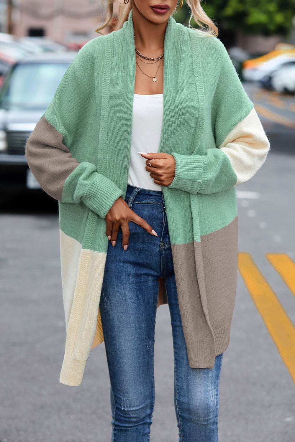 Color Block Long Sleeve Cardigan Green for a perfect OOTD – dress to impress outfits from Amexza