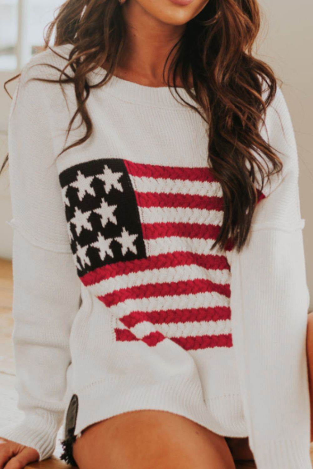 US Flag Side Slit Drop Shoulder Sweater for a perfect OOTD – dress to impress outfits from Amexza