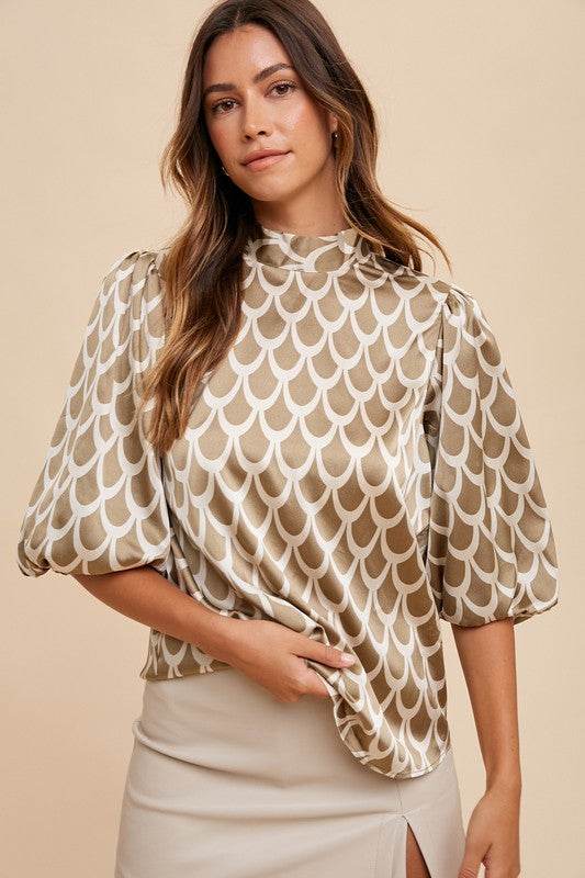 Annie Wear Tie Back Abstract Print Mock Neck Half Sleeve Blouse Khaki for a perfect OOTD – dress to impress outfits from Amexza