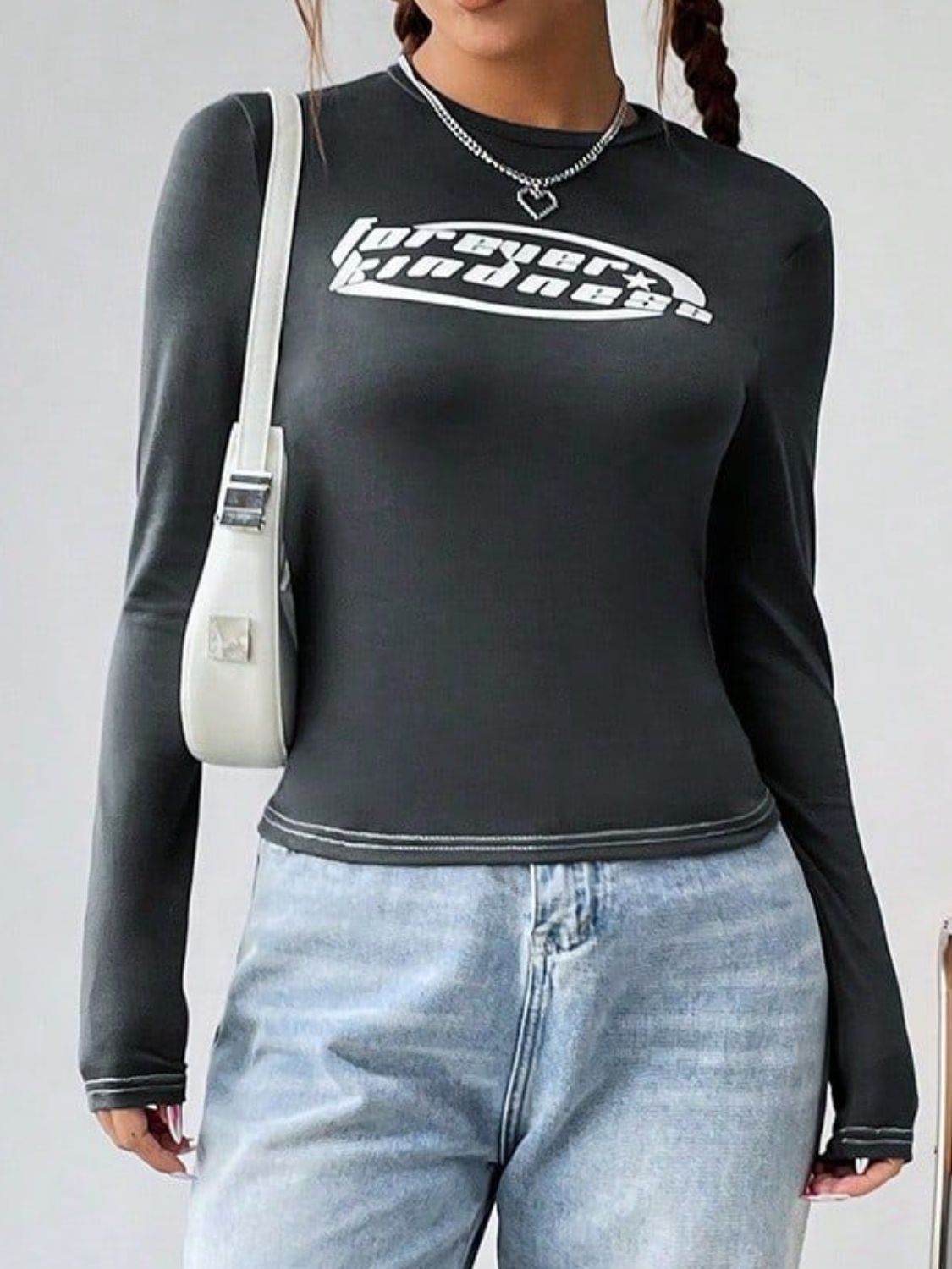 Letter Graphic Round Neck Long Sleeve T-Shirt - Amexza