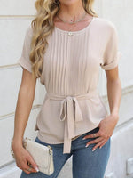 Tied Pleated Round Neck Short Sleeve Top - Amexza