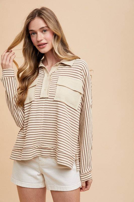 Annie Wear Striped Button Detail Long Sleeve Polo Top Taupe combo for a perfect OOTD – dress to impress outfits from Amexza