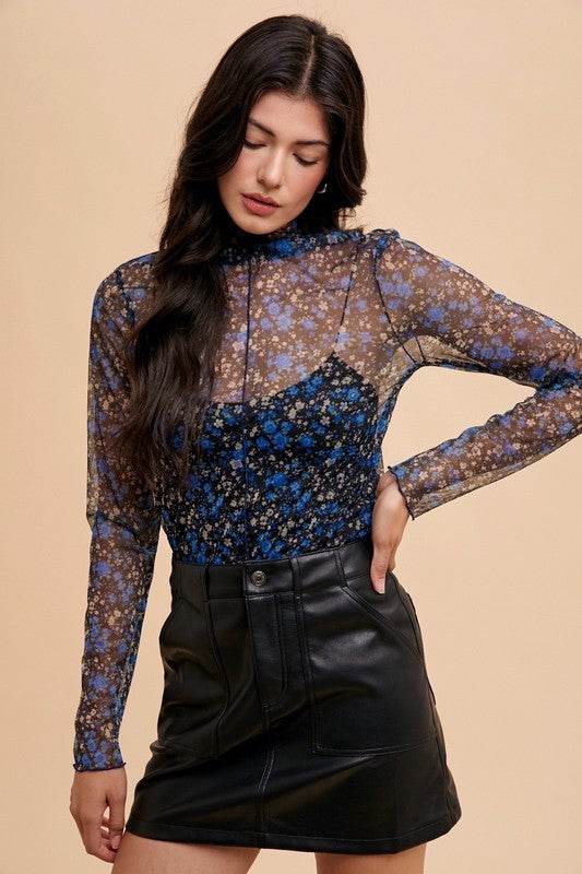 Annie Wear Floral Lettuce Hem Sheer Mesh Top - Amexza