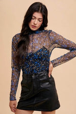 Annie Wear Floral Lettuce Hem Sheer Mesh Top - Amexza