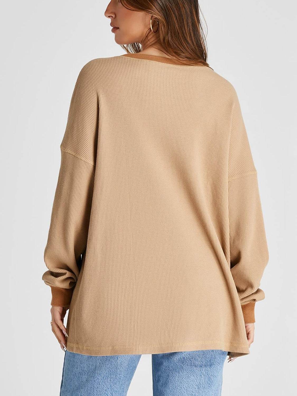 Waffle Knit Round Neck Long Sleeve T-Shirt for a perfect OOTD – dress to impress outfits from Amexza