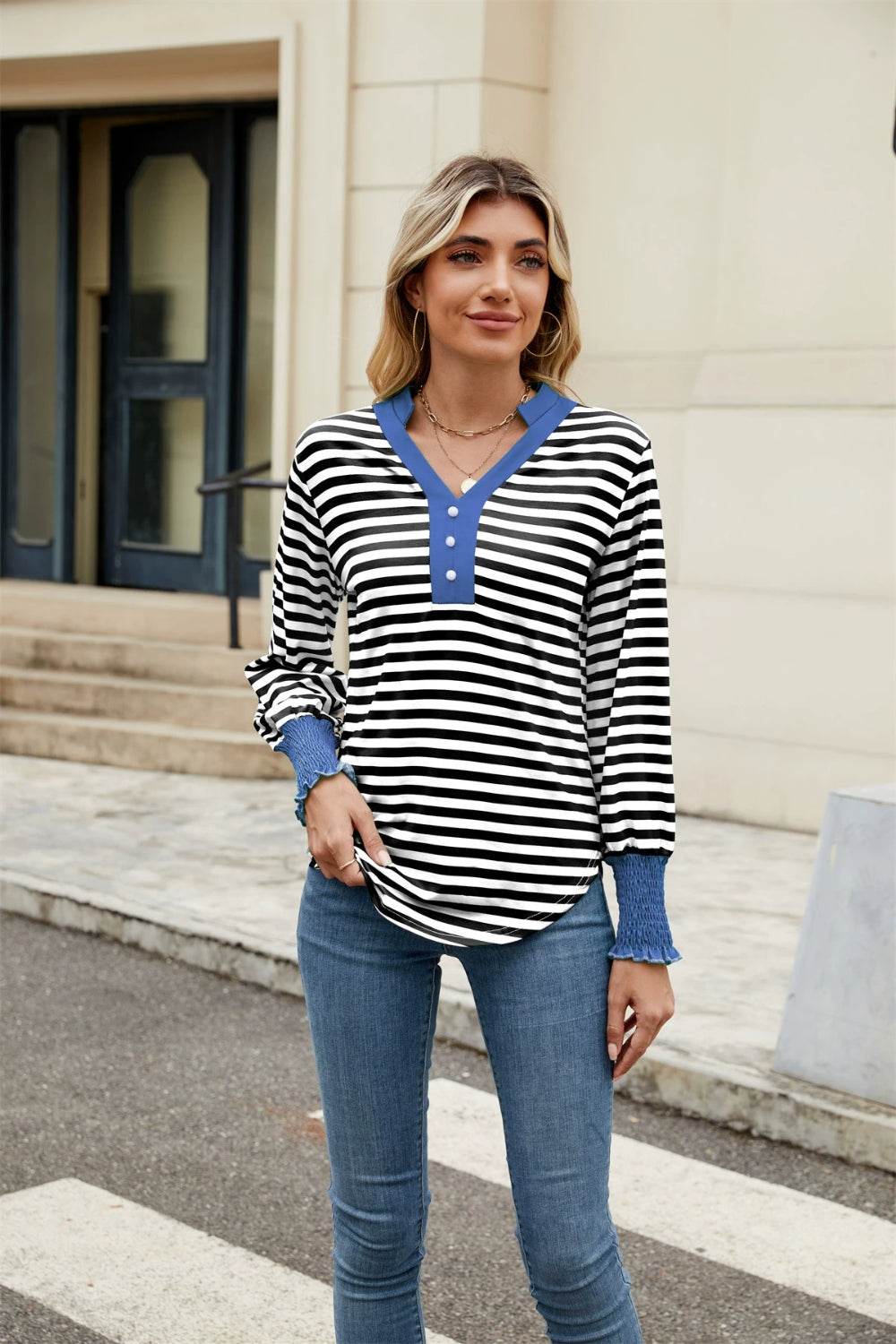 Contrast Striped Notched Long Sleeve Top Dusty Blue for a perfect OOTD – dress to impress outfits from Amexza