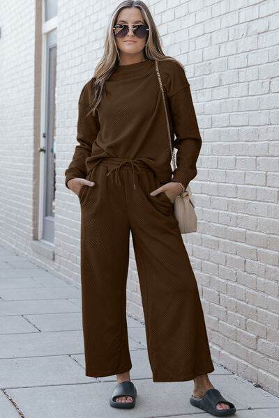 Double Take Full Size Textured Long Sleeve Top and Drawstring Pants Set Brown for a perfect OOTD – dress to impress outfits from Amexza