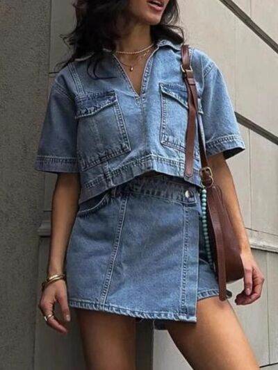 Johnny Collar Short Sleeve Top and Skort Denim Set - Amexza