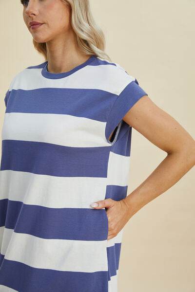 Basic Bae Full Size Striped Round Neck Cap Sleeve Mini Dress for a perfect OOTD – dress to impress outfits from Amexza