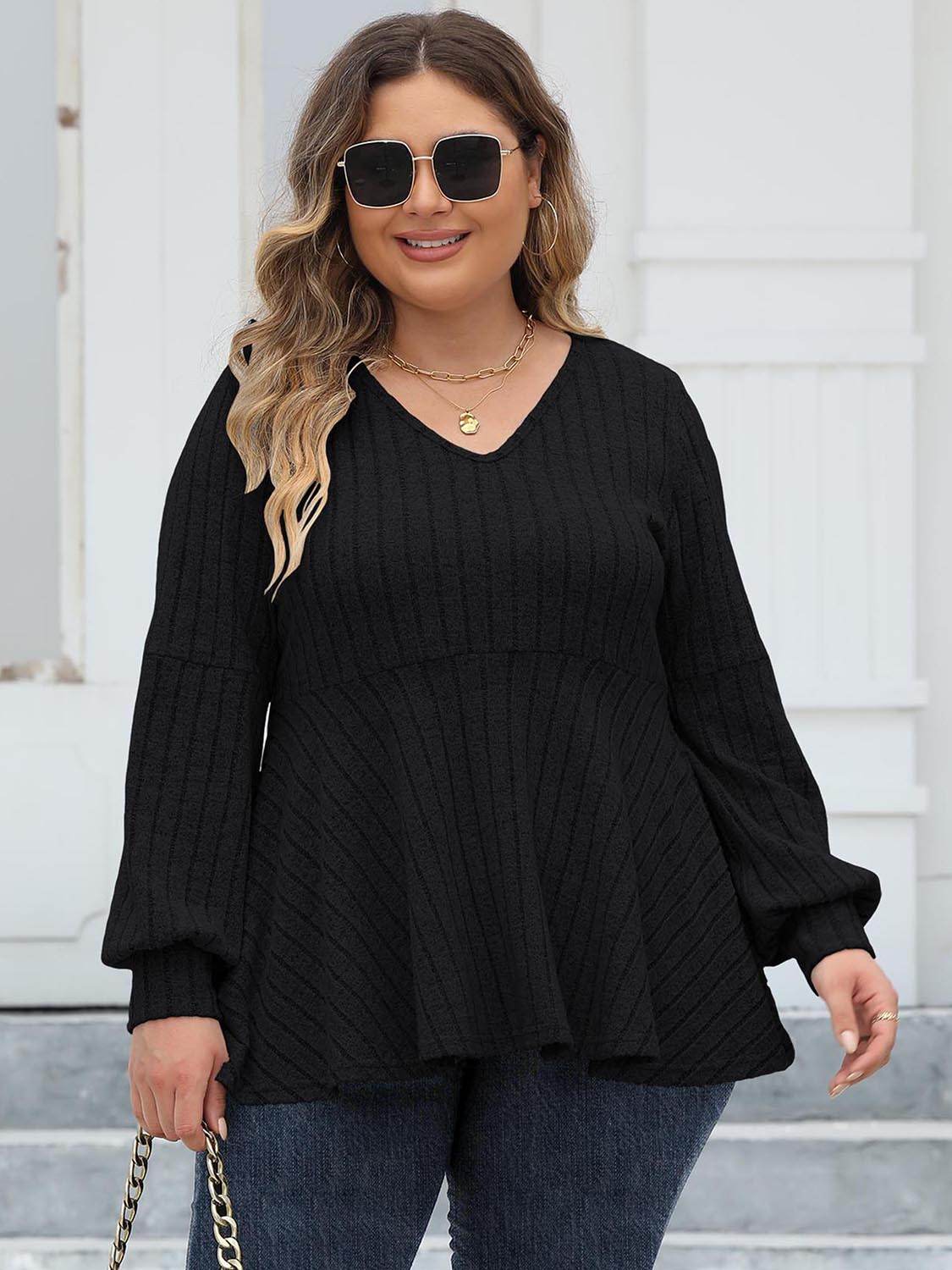 Plus Size Ribbed V-Neck Long Sleeve Blouse Black for a perfect OOTD – dress to impress outfits from Amexza