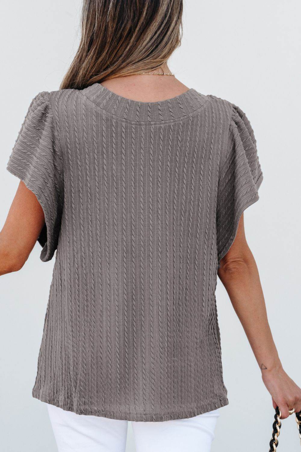 Textured Round Neck Flounce Sleeve Blouse for a perfect OOTD – dress to impress outfits from Amexza