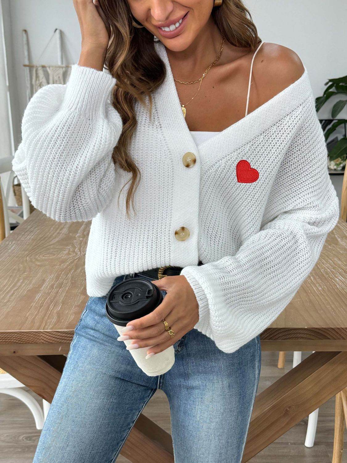 Heart Button Down V-Neck Long Sleeve Cardigan - Amexza