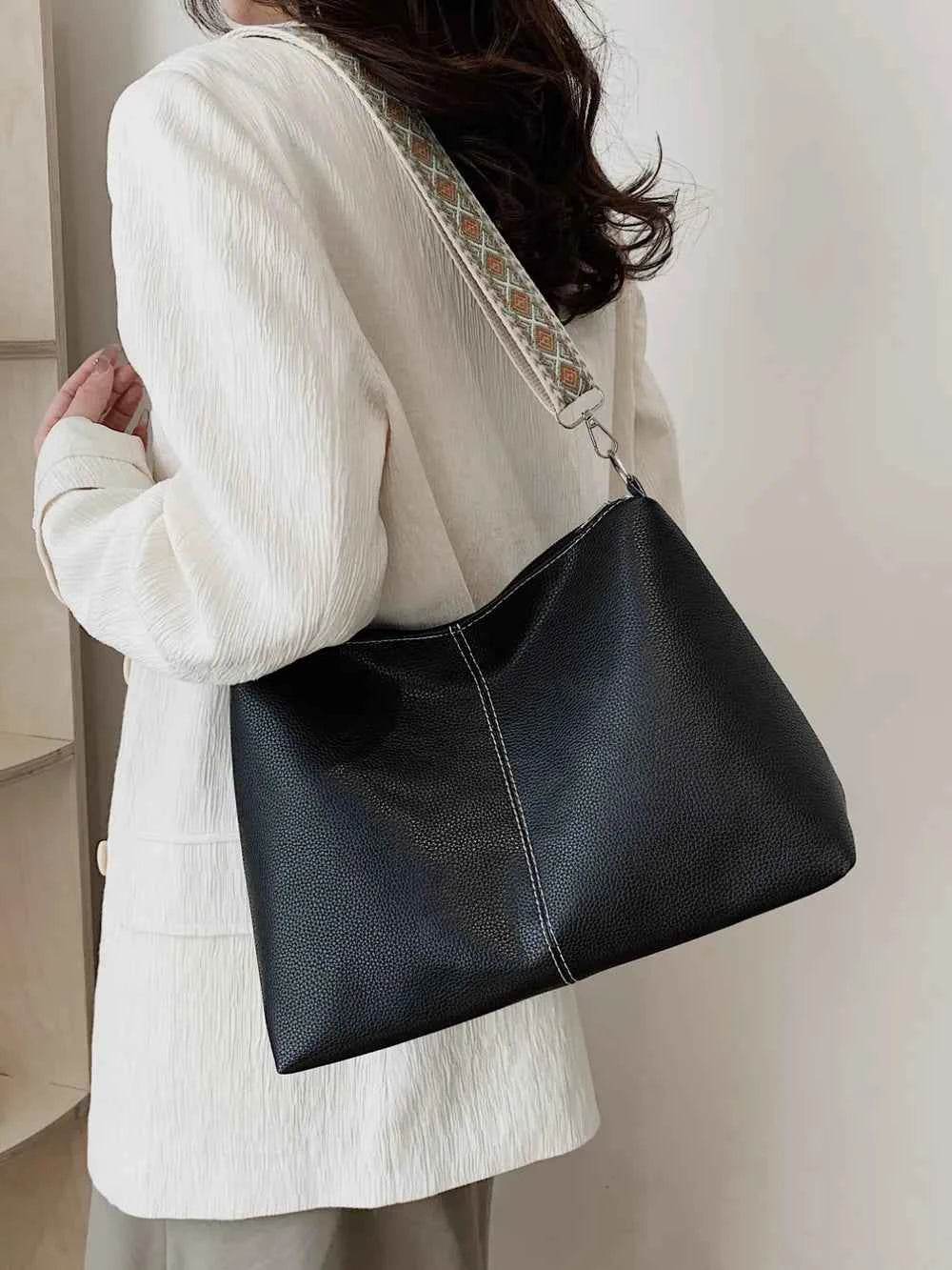 PU Leather Geometric Pattern Strap Shoulder Bag Black One Size for a perfect OOTD – dress to impress outfits from Amexza