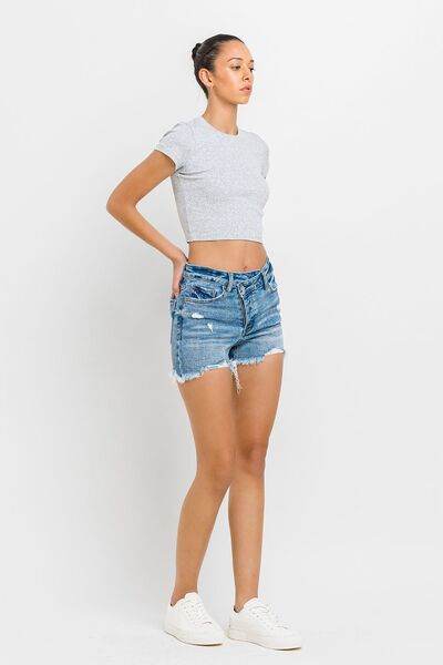 Lovervet Stepped Waist Raw Hem Denim Shorts - Amexza