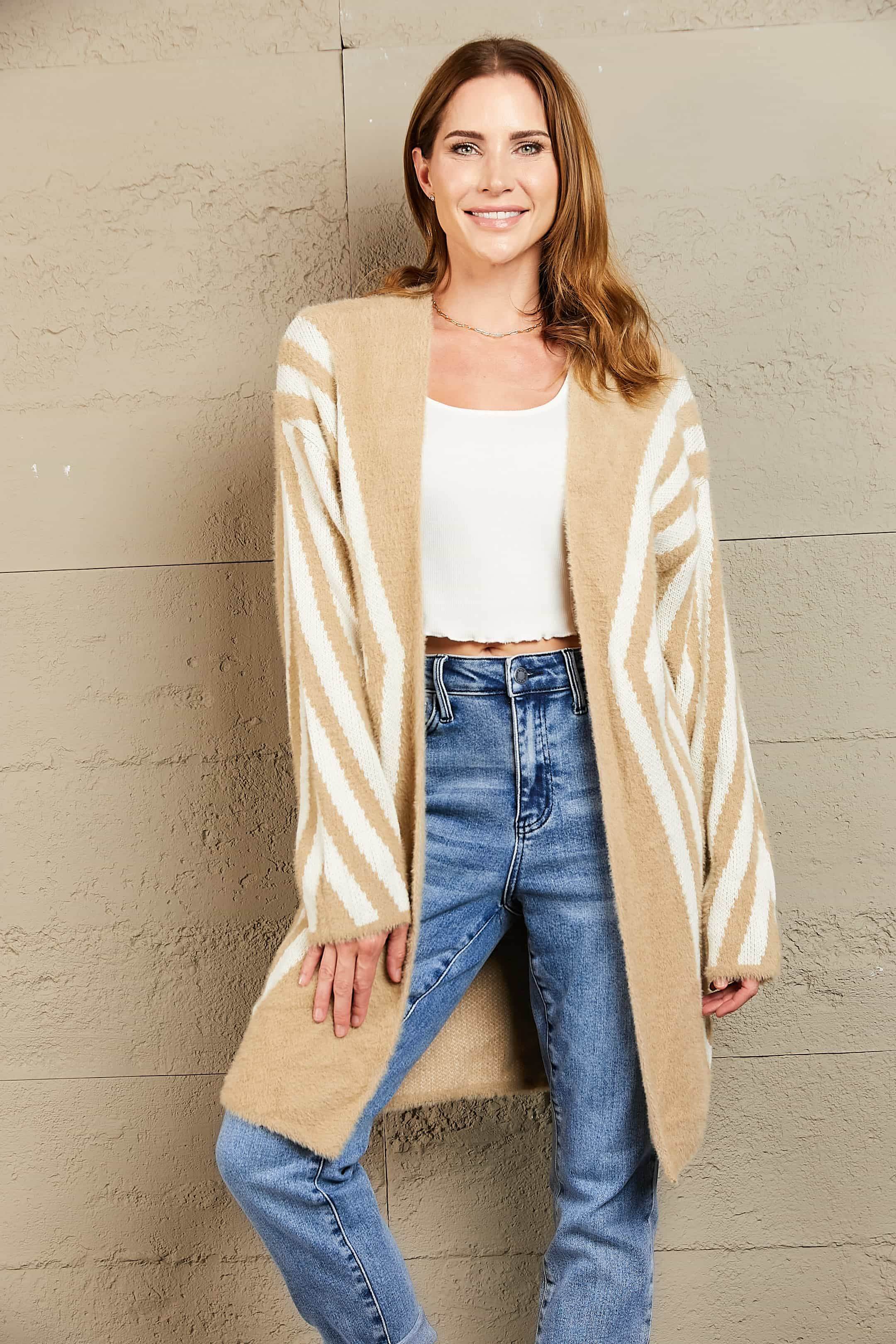 Woven Right Two-Tone Open Front Fuzzy Longline Cardigan for a perfect OOTD – dress to impress outfits from Amexza