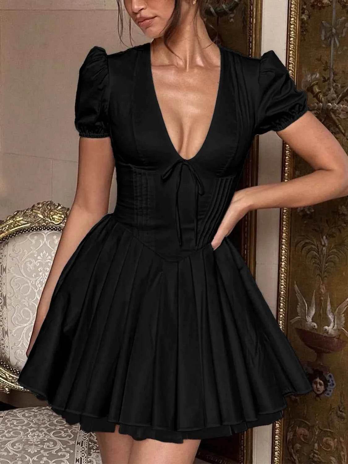 V-Neck Short Sleeve Mini Dress Black for a perfect OOTD – dress to impress outfits from Amexza