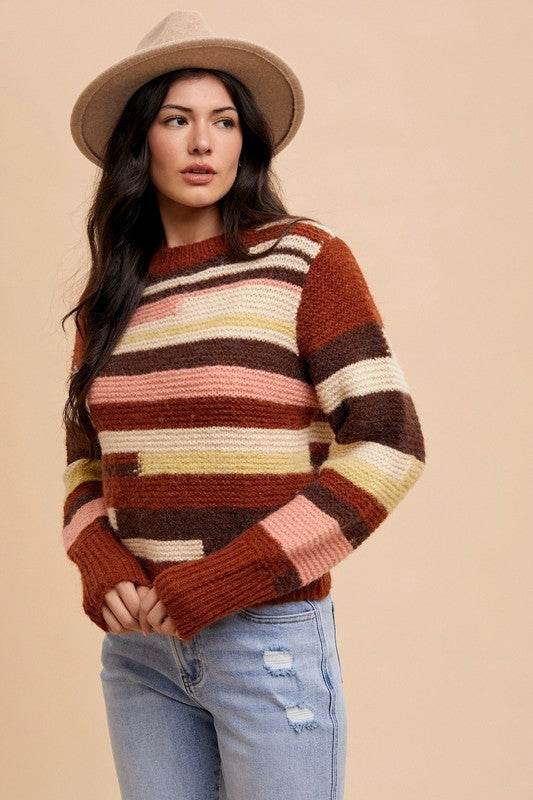 Annie Wear Color Block Round Neck Long Sleeve Sweater - Amexza