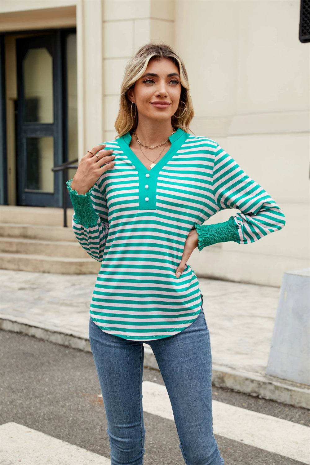 Contrast Striped Notched Long Sleeve Top Turquoise for a perfect OOTD – dress to impress outfits from Amexza