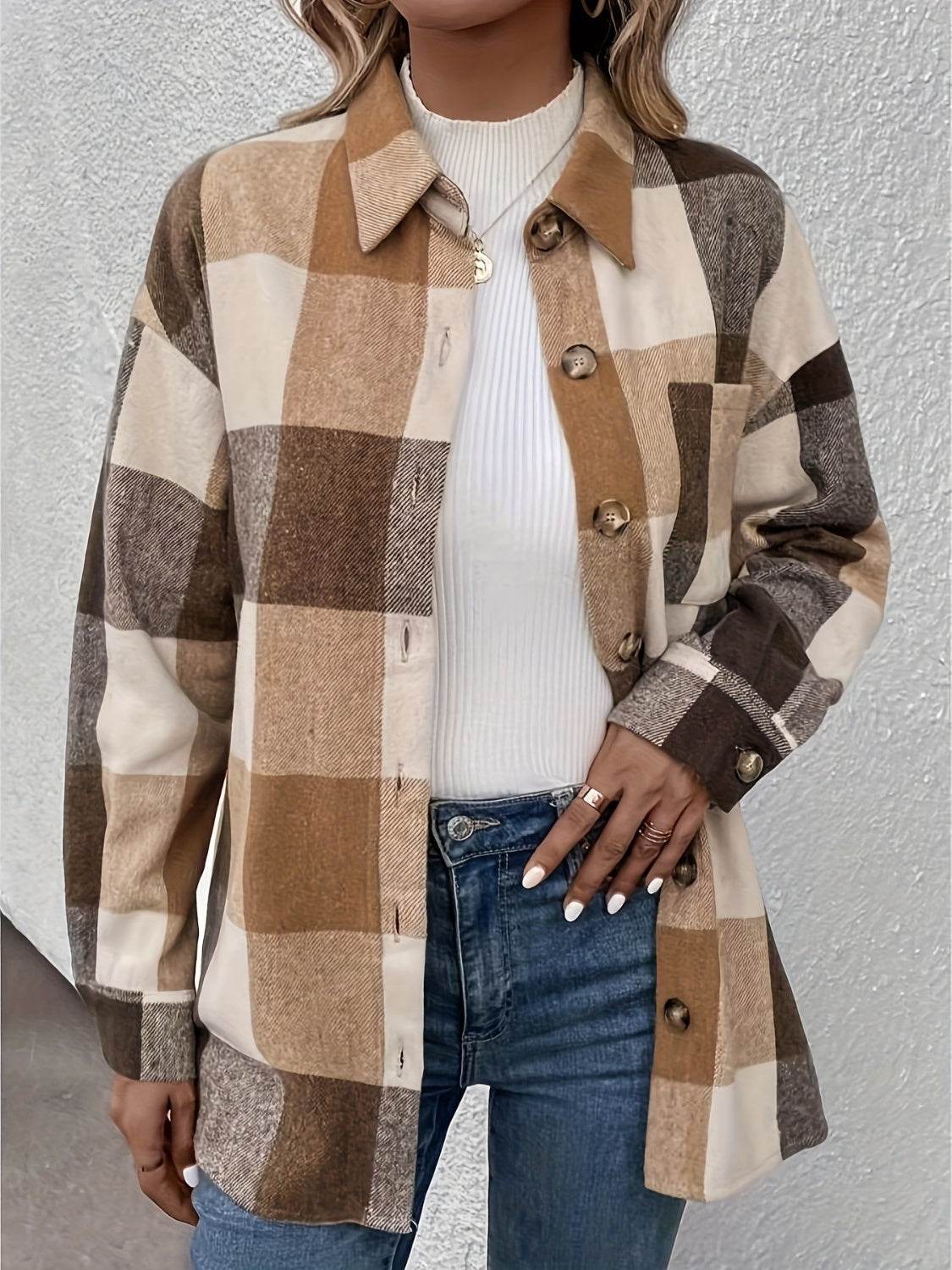 Curved Hem Plaid Collared Neck Shacket for a perfect OOTD – dress to impress outfits from Amexza