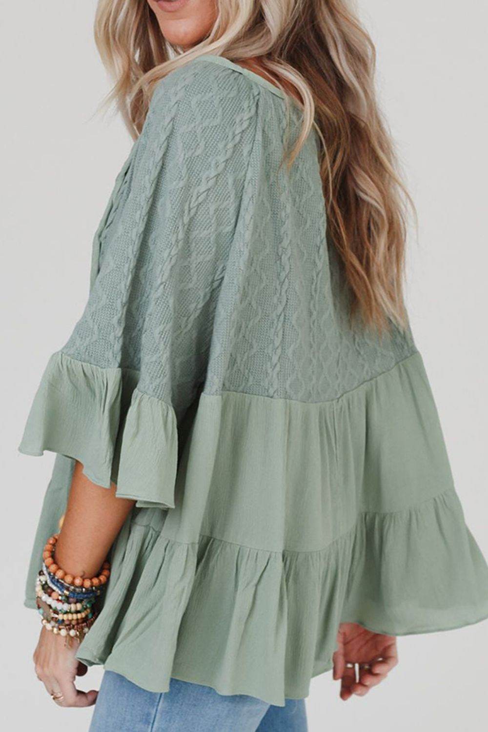 Ruffled Tie Neck Three-Quarter Sleeve Blouse for a perfect OOTD – dress to impress outfits from Amexza